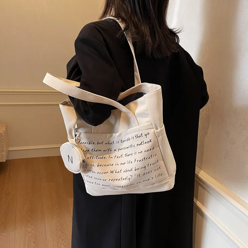 GOBLIN SHARKS 1759 Fabric Tote Bag Shopping Bag Shoulder Bags Unisex Ecru/Black/Khaki-5