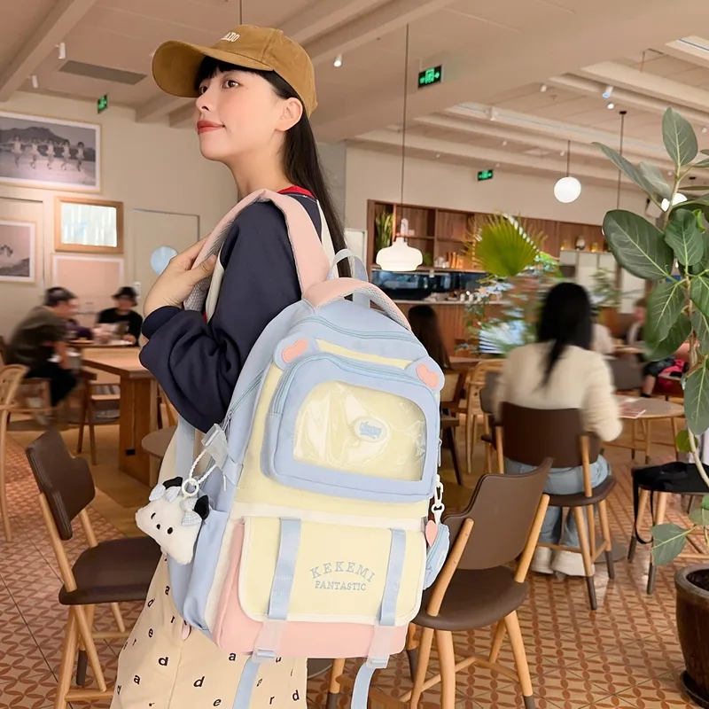 GOBLIN SHARKS 1759 Nylon Backpack Women's White Khaki/Black/Blue With Pink/Purple With Blue-15