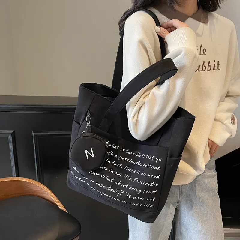 GOBLIN SHARKS 1759 Fabric Tote Bag Shopping Bag Shoulder Bags Unisex Ecru/Black/Khaki-12