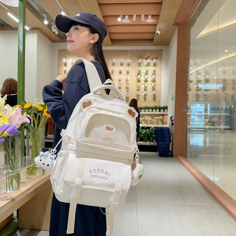 GOBLIN SHARKS 1759 Nylon Backpack Women's White Khaki/Black/Blue With Pink/Purple With Blue-3