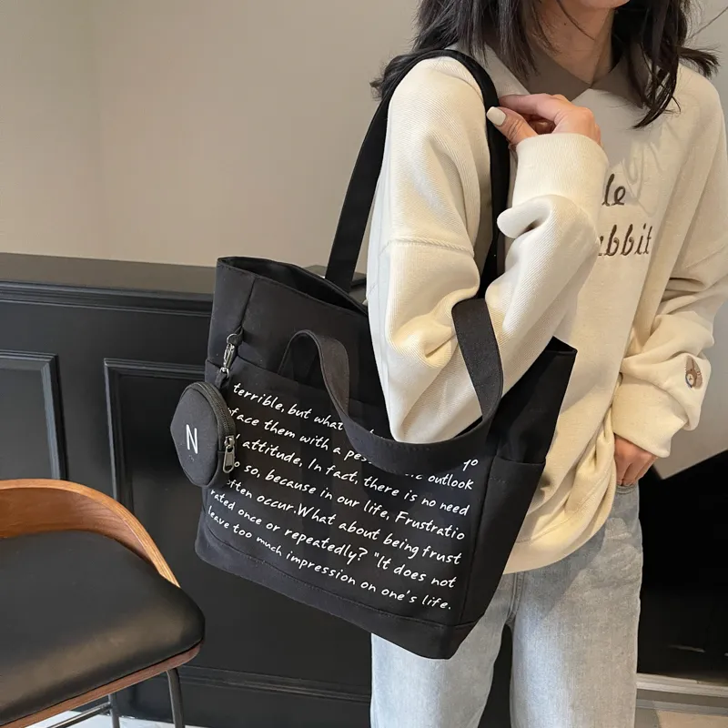 GOBLIN SHARKS 1759 Fabric Tote Bag Shopping Bag Shoulder Bags Unisex Ecru/Black/Khaki-8