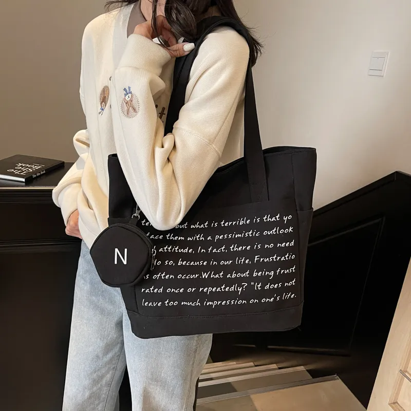 GOBLIN SHARKS 1759 Fabric Tote Bag Shopping Bag Shoulder Bags Unisex Ecru/Black/Khaki-10