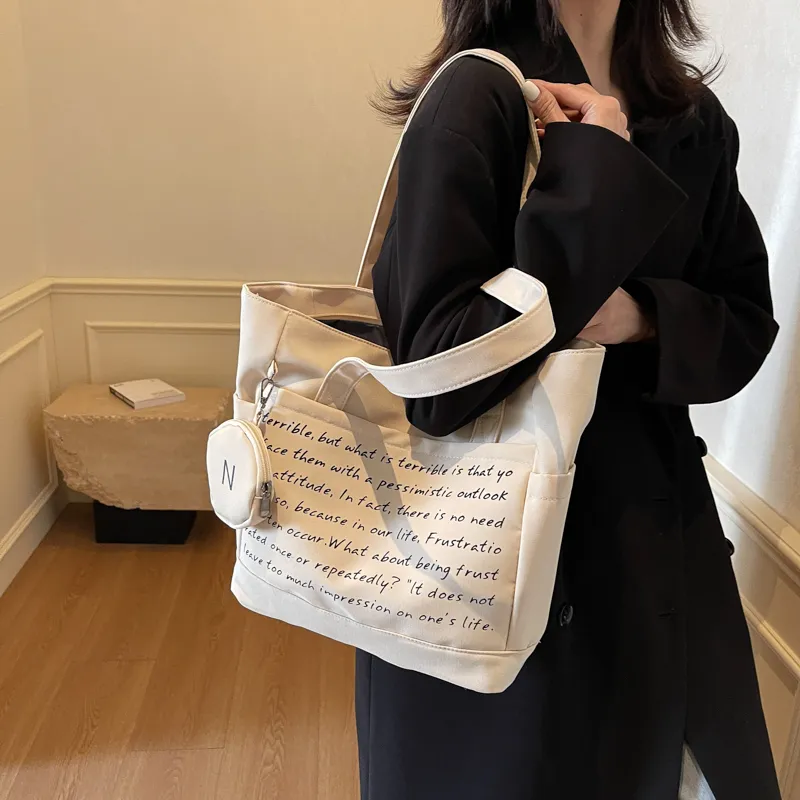 GOBLIN SHARKS 1759 Fabric Tote Bag Shopping Bag Shoulder Bags Unisex Ecru/Black/Khaki-2
