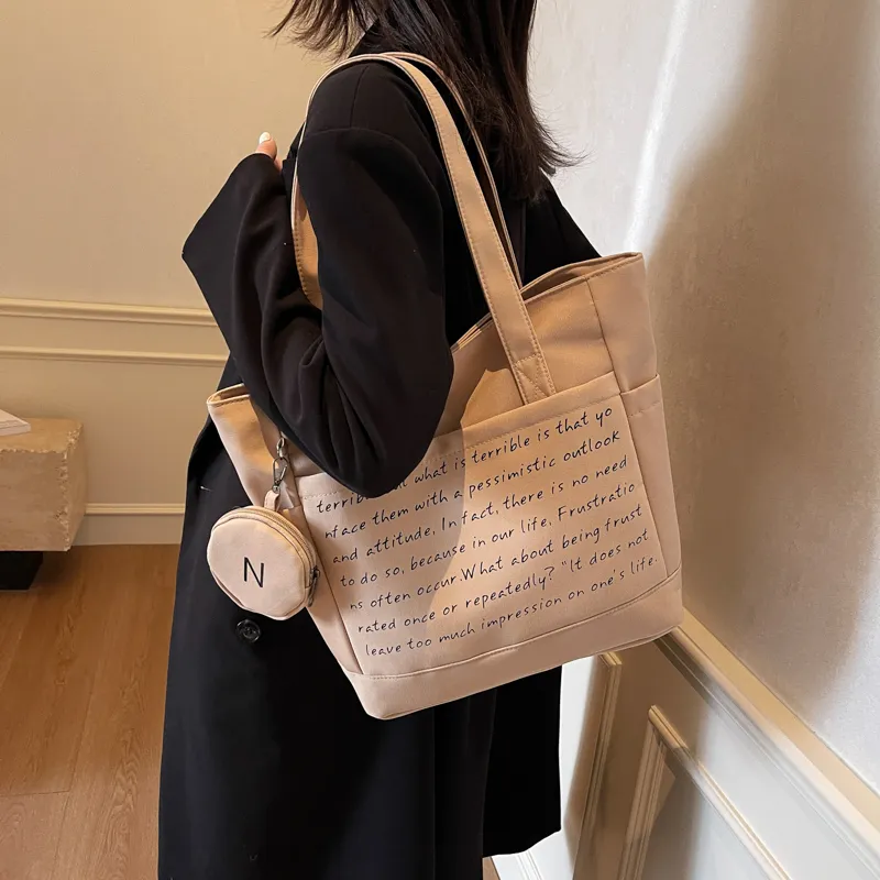GOBLIN SHARKS 1759 Fabric Tote Bag Shopping Bag Shoulder Bags Unisex Ecru/Black/Khaki-18
