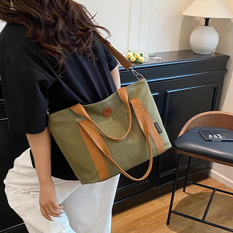 GOBLIN SHARKS 1759 Canvas Bag, Shoulder Bag Medium Size Unisex White/Khaki/Green/Dark Gray-15