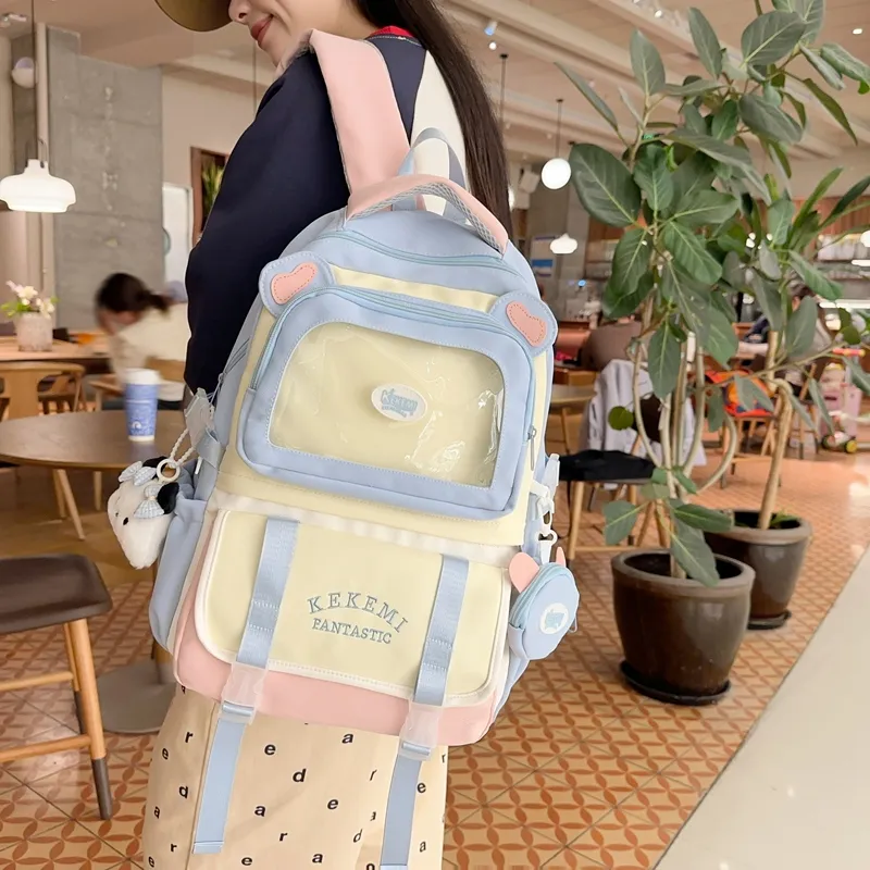 GOBLIN SHARKS 1759 Nylon Backpack Women's White Khaki/Black/Blue With Pink/Purple With Blue-14
