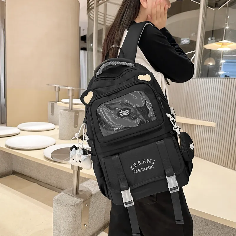 GOBLIN SHARKS 1759 Nylon Backpack Women's White Khaki/Black/Blue With Pink/Purple With Blue-9