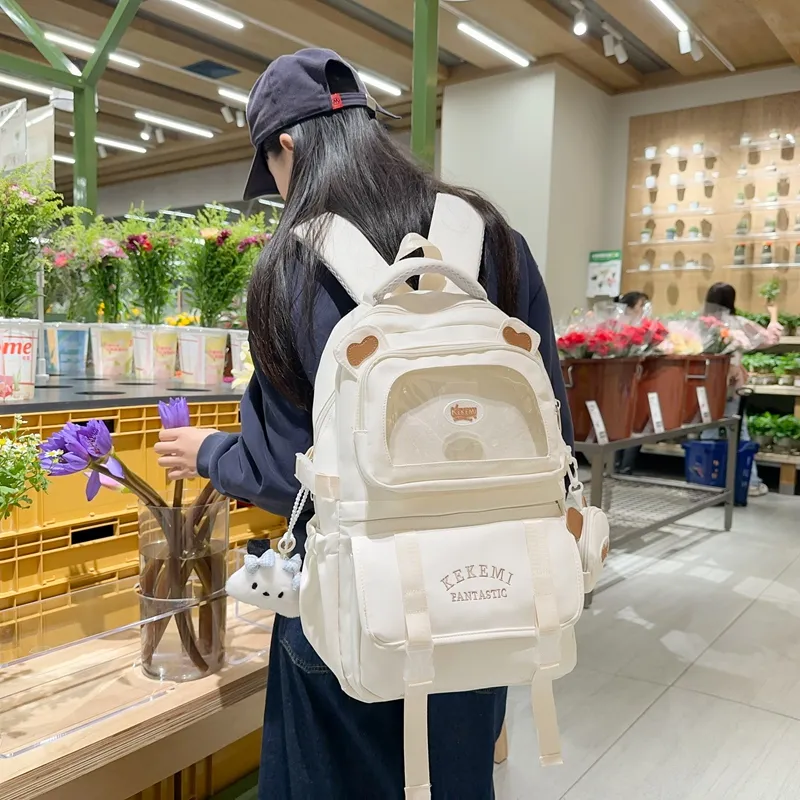 GOBLIN SHARKS 1759 Nylon Backpack Women's White Khaki/Black/Blue With Pink/Purple With Blue-1