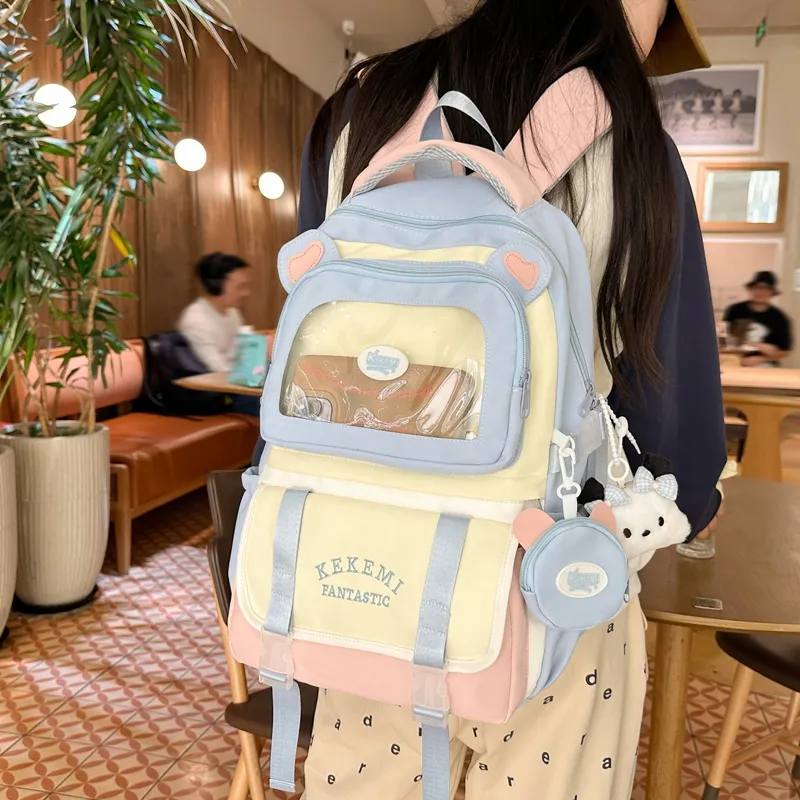 GOBLIN SHARKS 1759 Nylon Backpack Women's White Khaki/Black/Blue With Pink/Purple With Blue-13