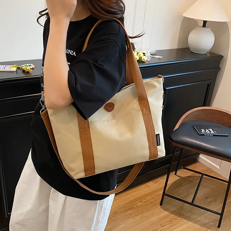 GOBLIN SHARKS 1759 Canvas Bag, Shoulder Bag Medium Size Unisex White/Khaki/Green/Dark Gray-9