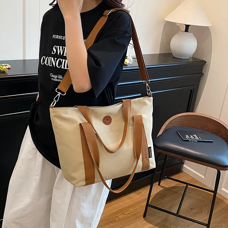 GOBLIN SHARKS 1759 Canvas Bag, Shoulder Bag Medium Size Unisex White/Khaki/Green/Dark Gray-10
