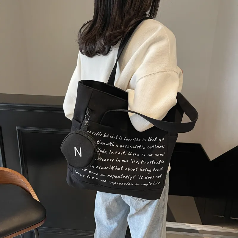 GOBLIN SHARKS 1759 Fabric Tote Bag Shopping Bag Shoulder Bags Unisex Ecru/Black/Khaki-9
