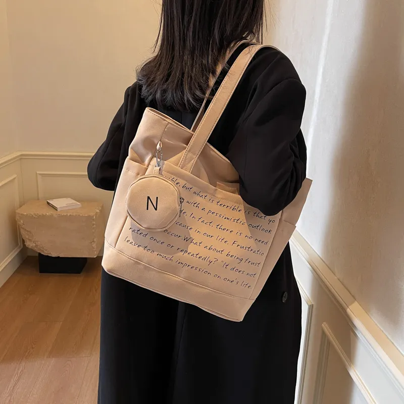 GOBLIN SHARKS 1759 Fabric Tote Bag Shopping Bag Shoulder Bags Unisex Ecru/Black/Khaki-16