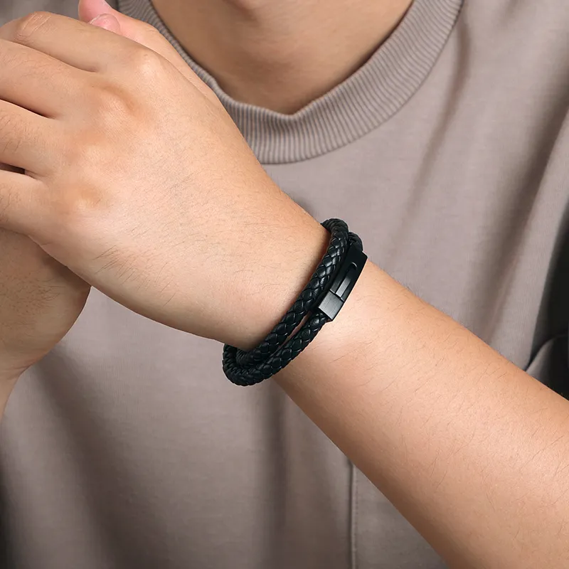 TUBAOSHU Cow Leather Wristbands Men's Black-3