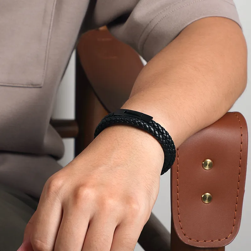 TUBAOSHU Cow Leather Wristbands Men's Black-5