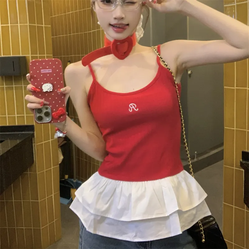 Si Bei'er Camisoles Women's Red Patchwork Camisole-2