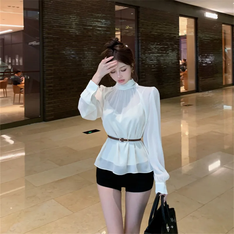 Si Bei'er Shirt Women's Apricot Chiffon+Camisole Inner+Belt-3