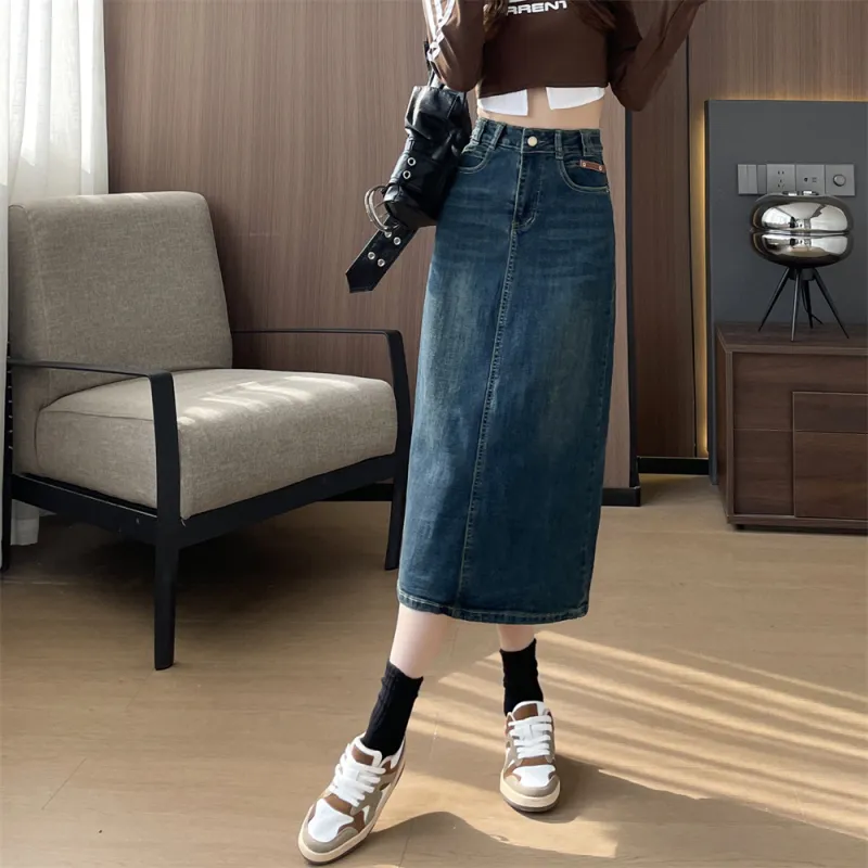 Si Bei'er Denim Long Skirt Women's Vintage Blue-4