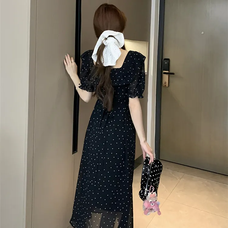 Si Bei'er Short Sleeved Dress Women's Black Polka Dot-1
