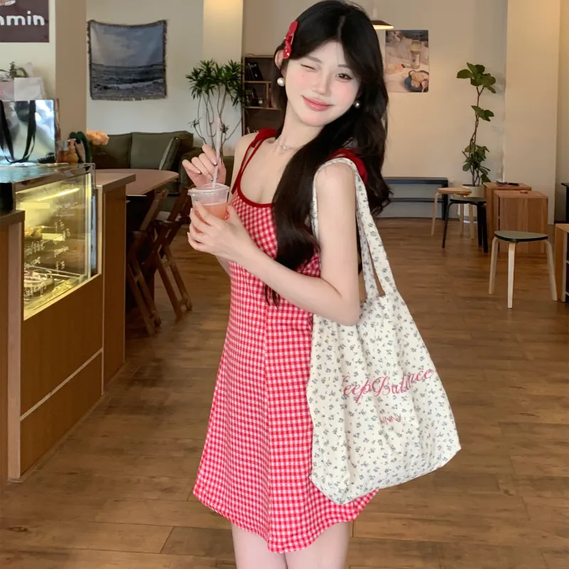 Si Bei'er Slip Dress Women's Red Plaid-1