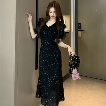 Si Bei'er Short Sleeved Dress Women's Black Polka Dot