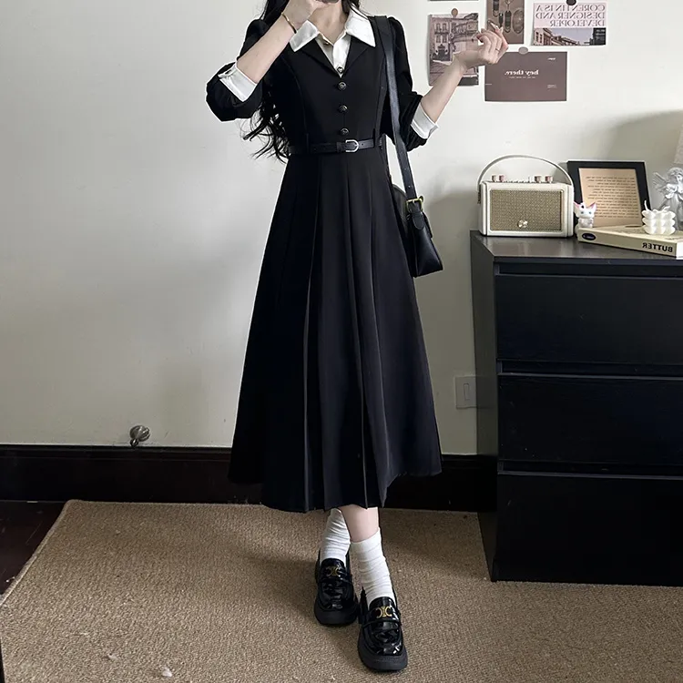Si Bei'er Long Sleeved Dress Women's Black-5