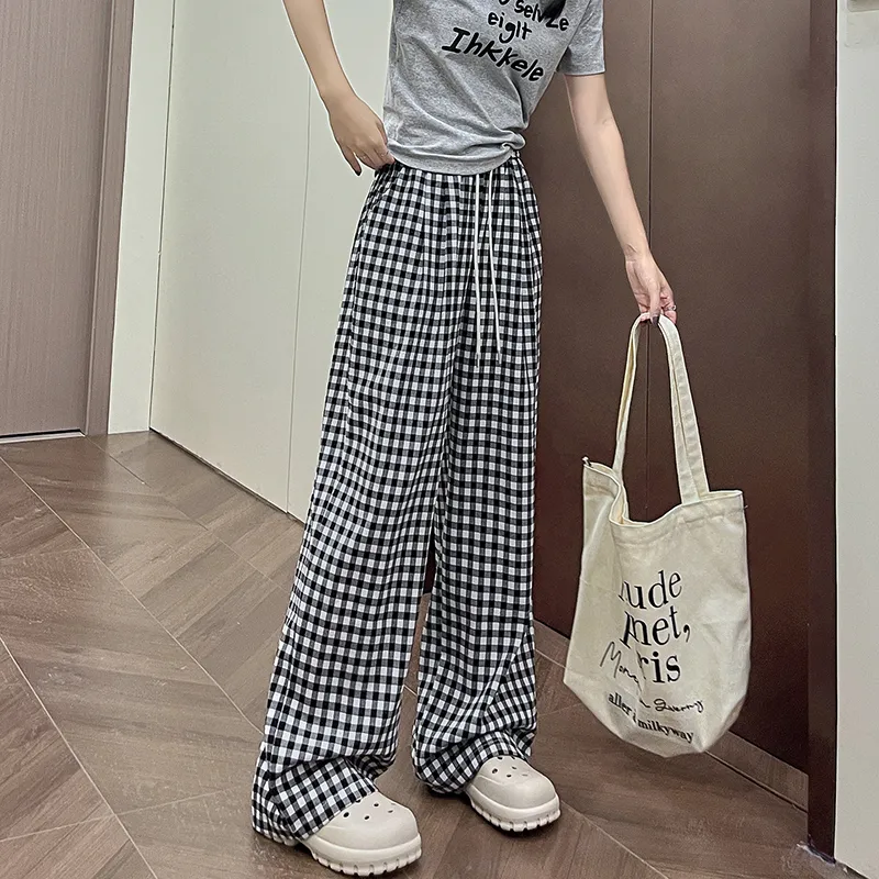 Si Bei'er Casual Pants Women's Black White Plaid-9
