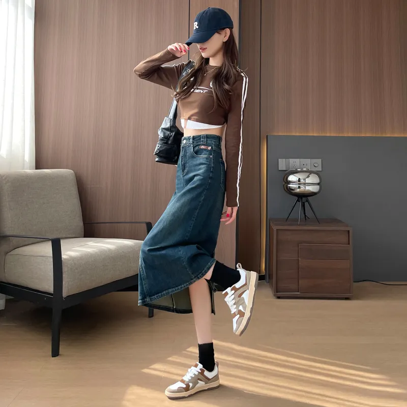 Si Bei'er Denim Long Skirt Women's Vintage Blue-1