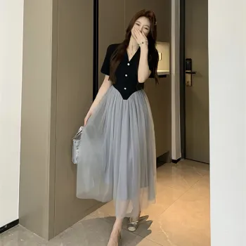Si Bei'er Short Sleeved Dress Women's Black & Gray