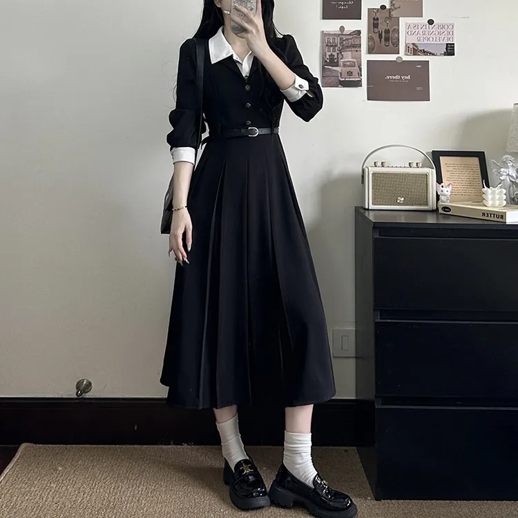 Si Bei'er Long Sleeved Dress Women's Black-4
