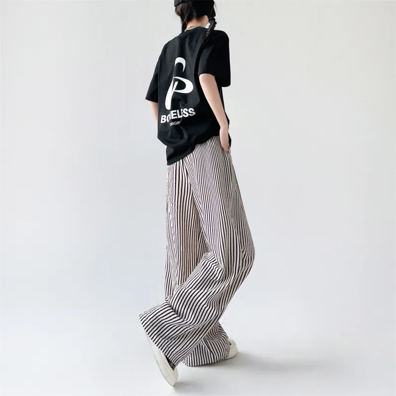 Si Bei'er Casual Pants Women's Black White Vertical Stripes-3