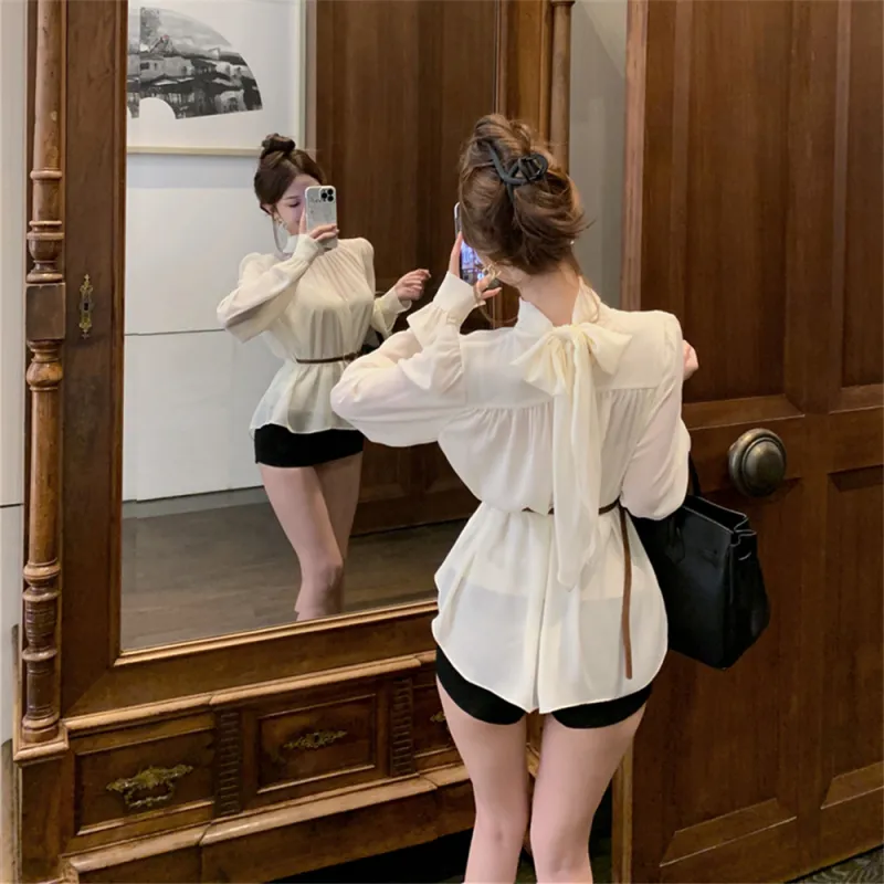 Si Bei'er Shirt Women's Apricot Chiffon+Camisole Inner+Belt-4