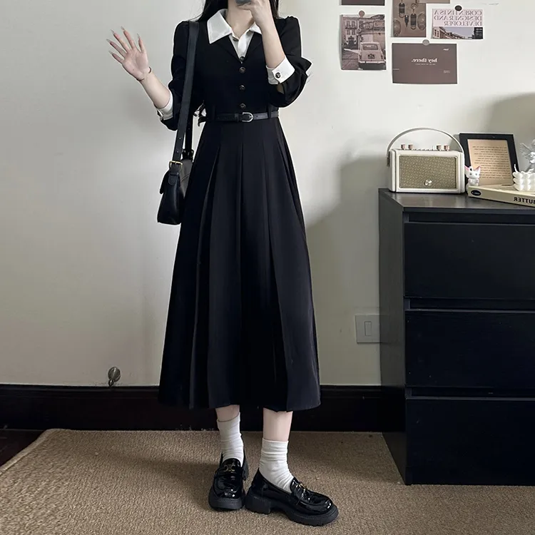 Si Bei'er Long Sleeved Dress Women's Black-1