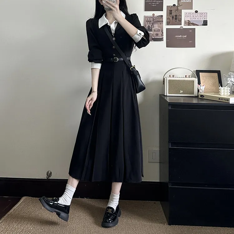 Si Bei'er Long Sleeved Dress Women's Black-6