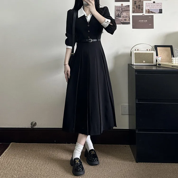 Si Bei'er Long Sleeved Dress Women's Black-3