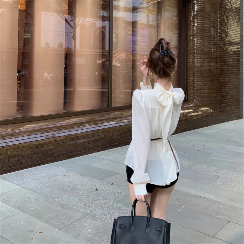 Si Bei'er Shirt Women's Apricot Chiffon+Camisole Inner+Belt-2