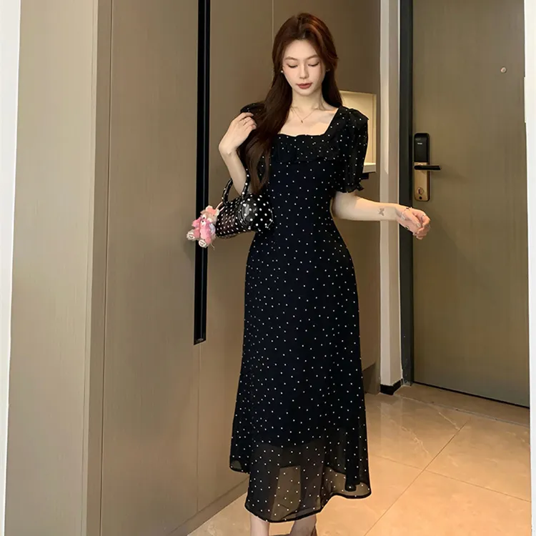 Si Bei'er Short Sleeved Dress Women's Black Polka Dot-4