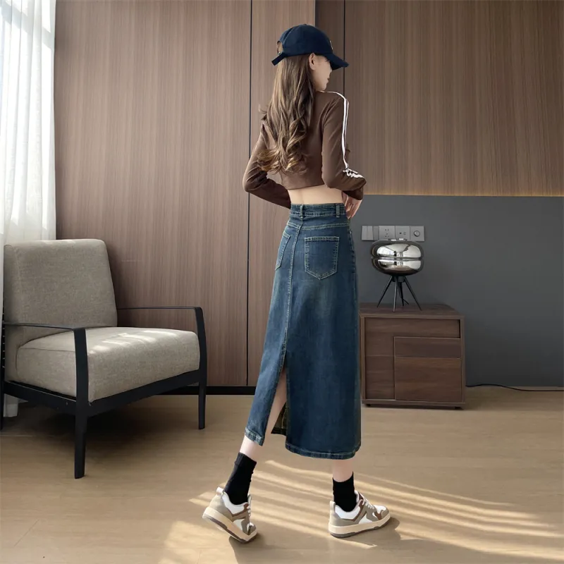 Si Bei'er Denim Long Skirt Women's Vintage Blue-5