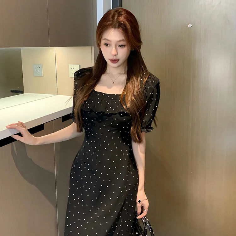 Si Bei'er Short Sleeved Dress Women's Black Polka Dot-2