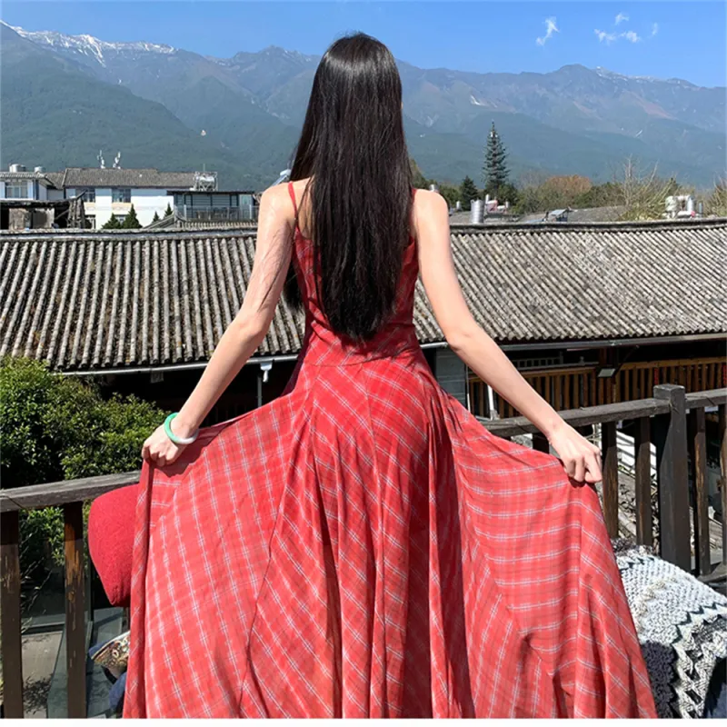 Si Bei'er Slip Dresses Women's Red Plaid-2