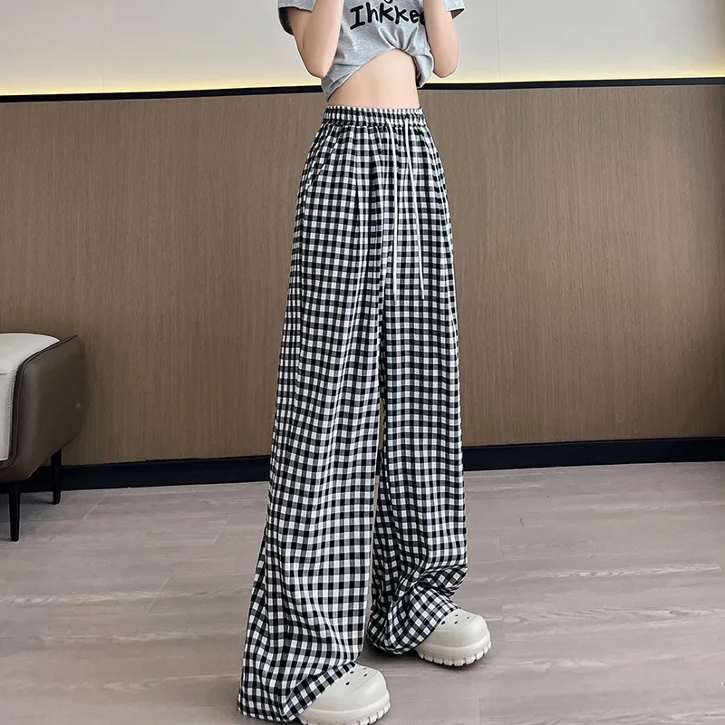 Si Bei'er Casual Pants Women's Black White Plaid-7