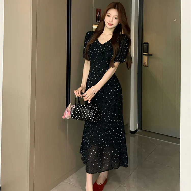 Si Bei'er Short Sleeved Dress Women's Black Polka Dot-3