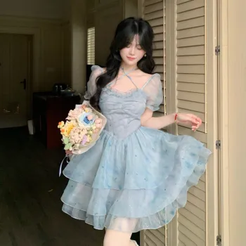 Si Bei'er Short Sleeved Dress Women's Blue