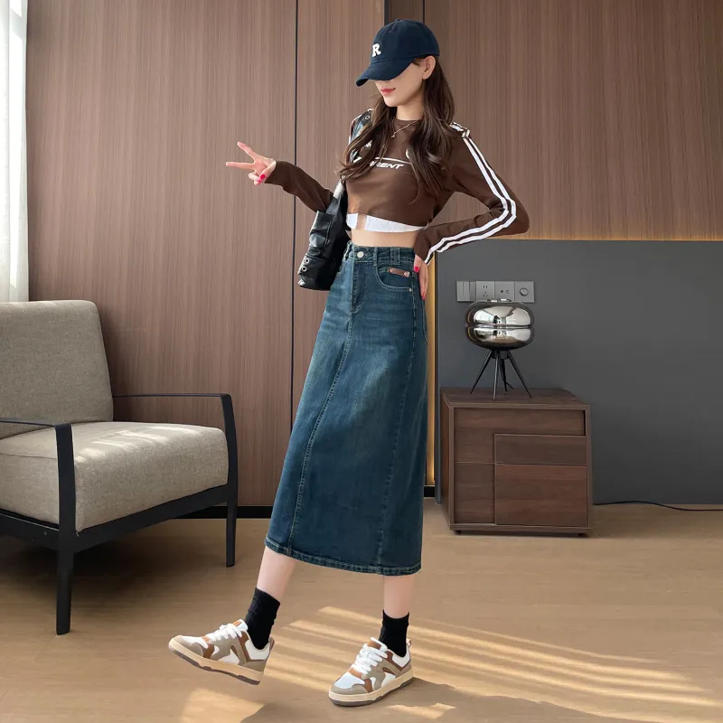 Si Bei'er Denim Long Skirt Women's Vintage Blue-2