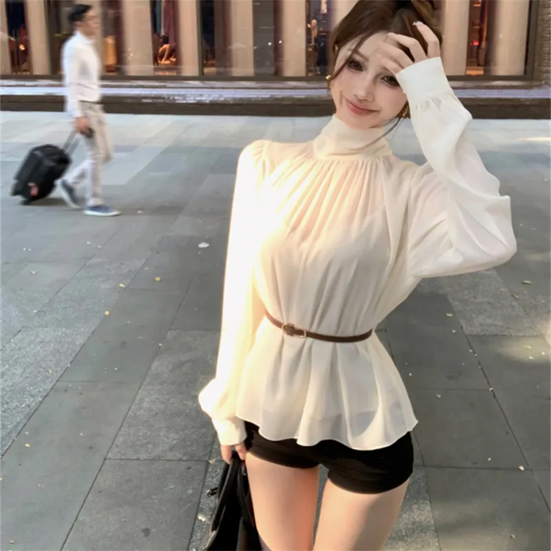Si Bei'er Shirt Women's Apricot Chiffon+Camisole Inner+Belt-1