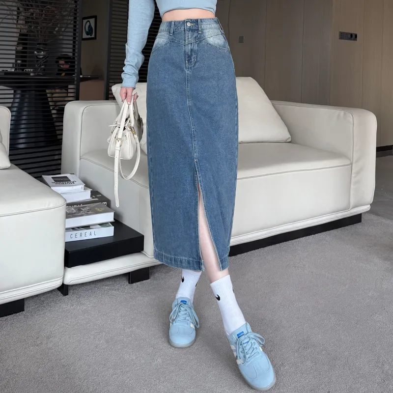 Si Bei'er Denim Long Skirt Women's Light Blue-3