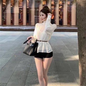 Si Bei'er Shirt Women's Apricot Chiffon+Camisole Inner+Belt
