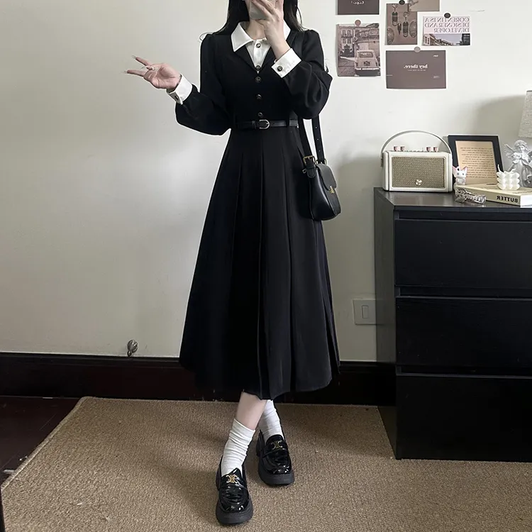 Si Bei'er Long Sleeved Dress Women's Black-2