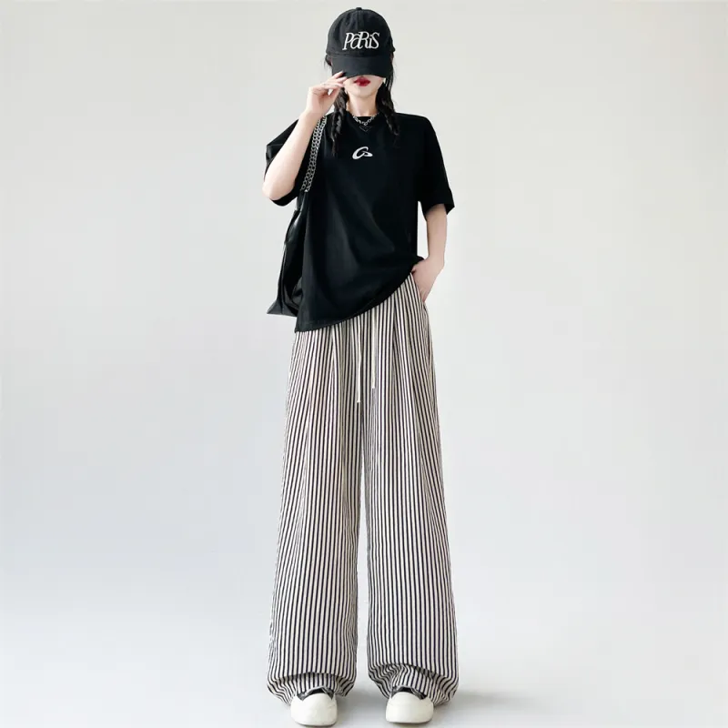 Si Bei'er Casual Pants Women's Black White Vertical Stripes-1