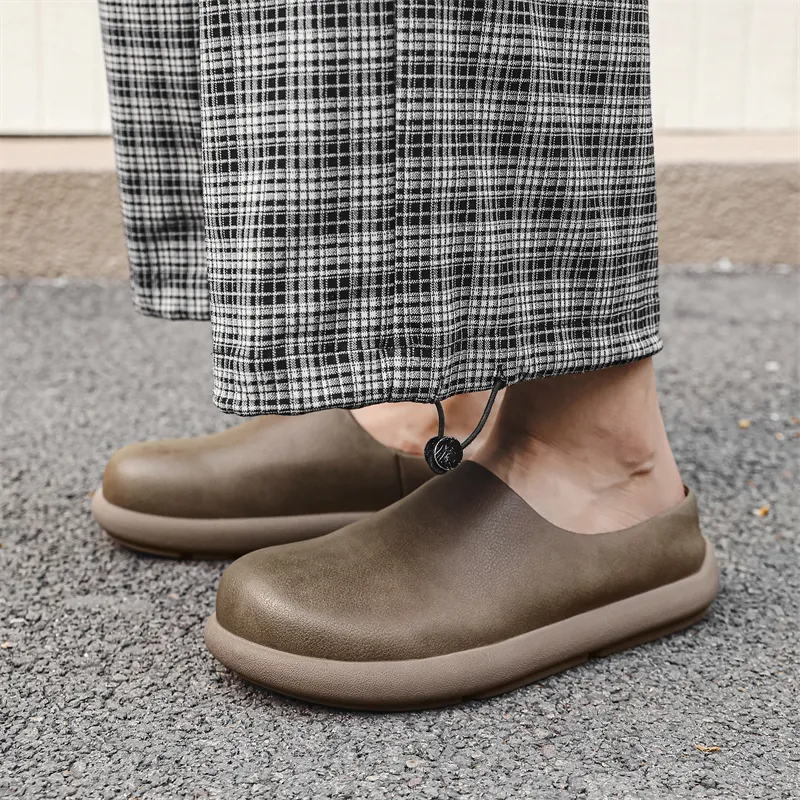 IZEIZIG Rubber Sole Leather Patchwork Odor Resistant Abrasion Resistant Slip Resistant Closed Toe Slippers Men's-8